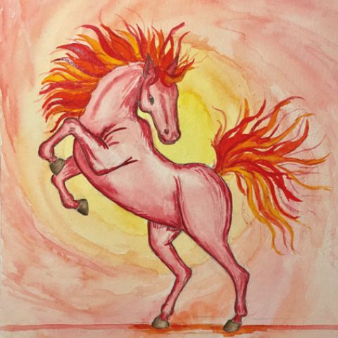 Colorierte Zeichnung eines roten Pferdes mit feuriger Mähne und Schweif.