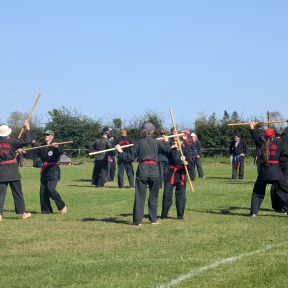 Eine Gruppe Shinson-Hapkido-Rotgürtel übt mit Langstöckern auf einem Fußballfeld.