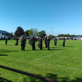 Fußballfeld mit dutzenden Menschen die Shinson Hapkido trainieren, im Vordergrund üben Blau-Rotgürtel.